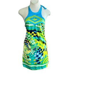 Coogi Vintage Y2K Geometric Pop Art Silk Halter Dress Coquette Size Small